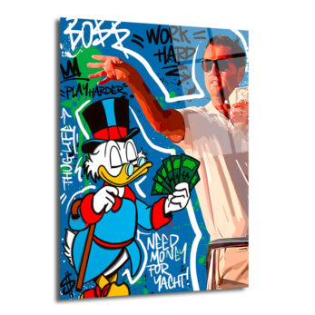 Mavi graffiti arka planında, elinde deste deste para tutan Şansal Amca) ve karizmatik bir iş adamı figürünün yer aldığı, üzerinde 'WORK HARD PLAY HARDER' gibi motivasyonel sözler bulunan dinamik ve renkli bir cam tablo.