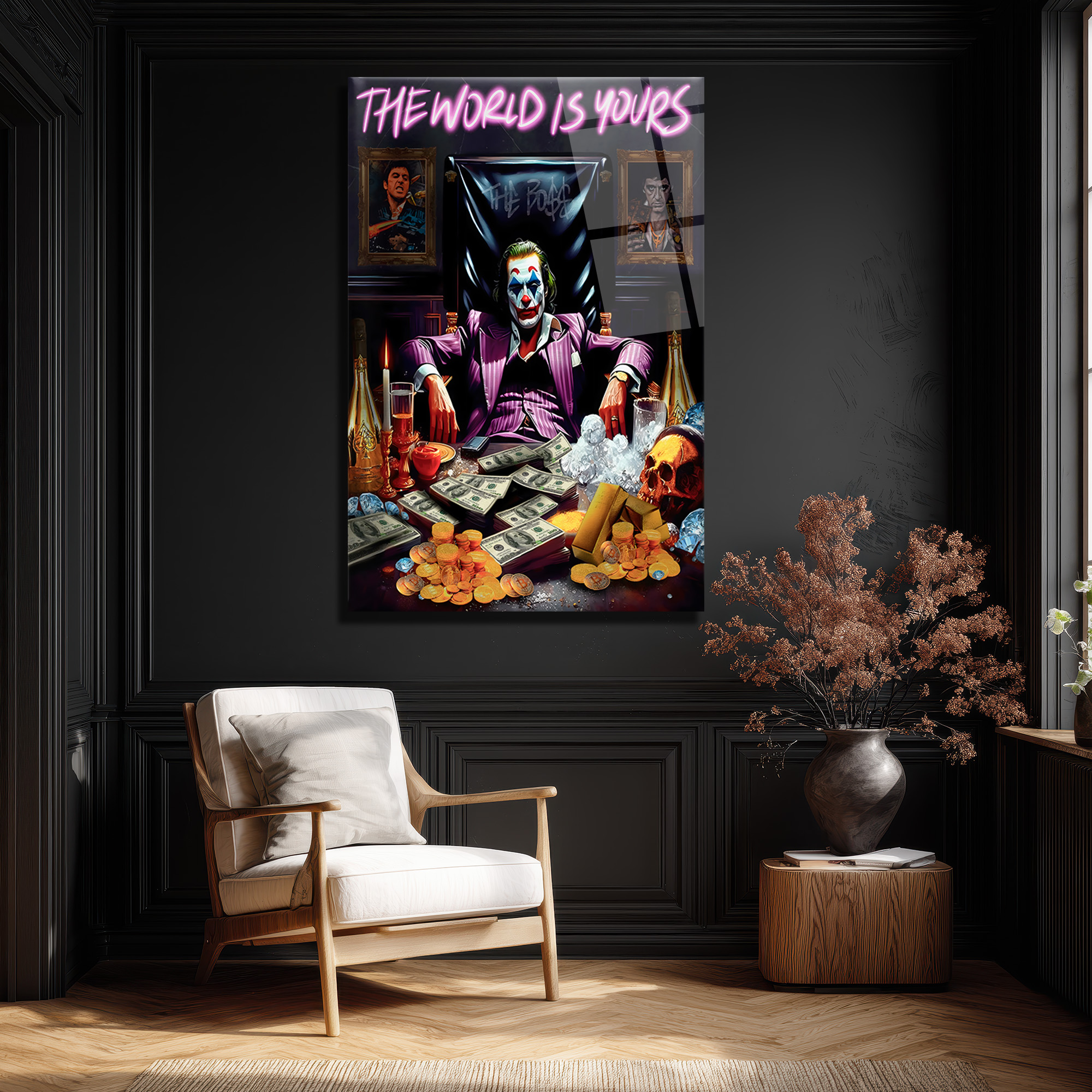 The World Is Yours Joker Cam Tablo: Gücün ve Zenginliğin İfadesi Duvar Dekoru The World Is Yours Joker Cam Tablo: Gücün ve Zenginliğin İfadesi