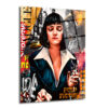 Mia Wallace Pop Art Temalı Premium Cam Tablo Duvar Dekoru Pulp Fiction filminden Mia Wallace karakterinin pop art ve sokak sanatı tarzında, zenginleştirilmiş, siyah saçlı, koyu renk ceketli ve elinde sigara tutan portre cam tablo.