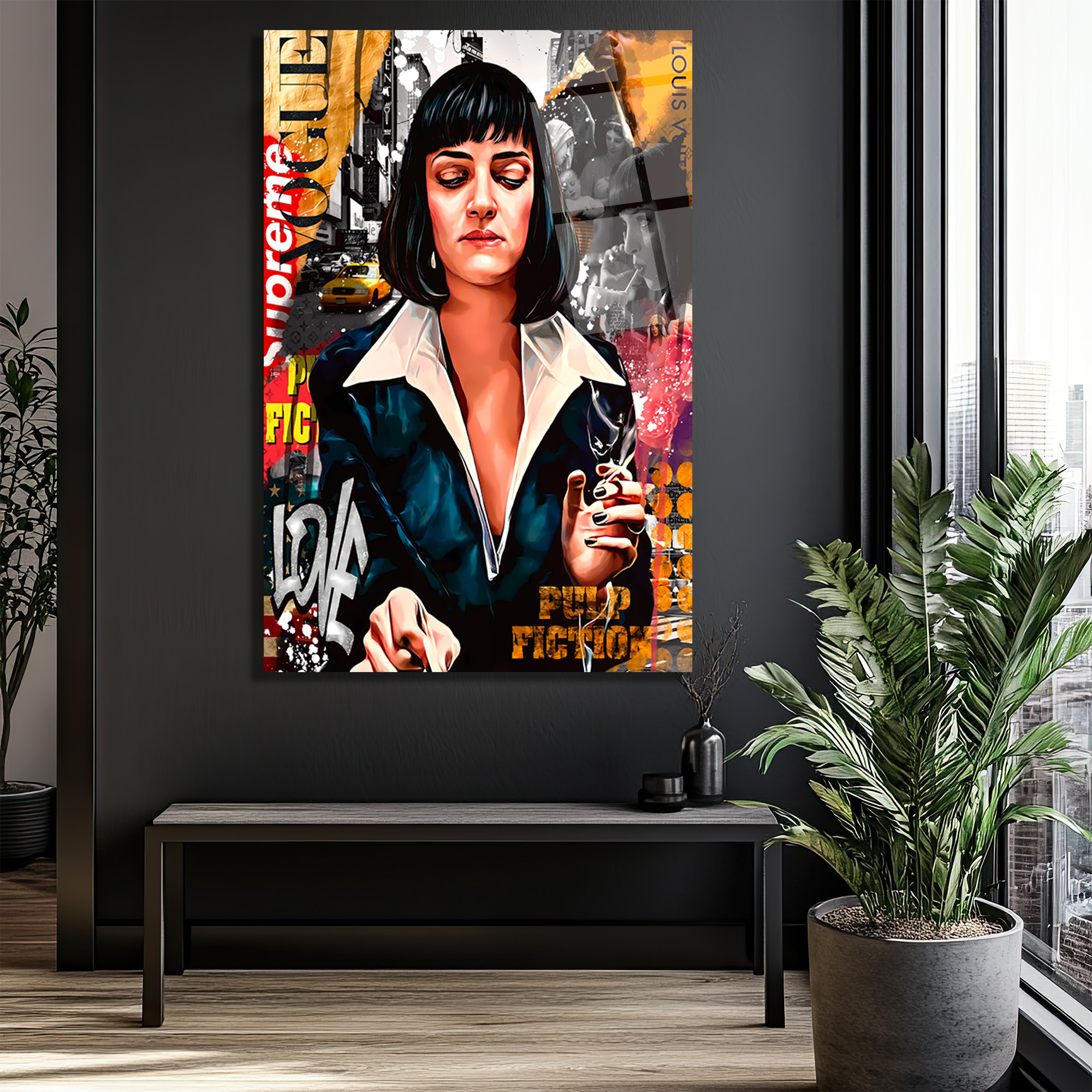 Mia Wallace Pop Art Temalı Premium Cam Tablo Duvar Dekoru Mia Wallace Pop Art Temalı Premium Cam Tablo
