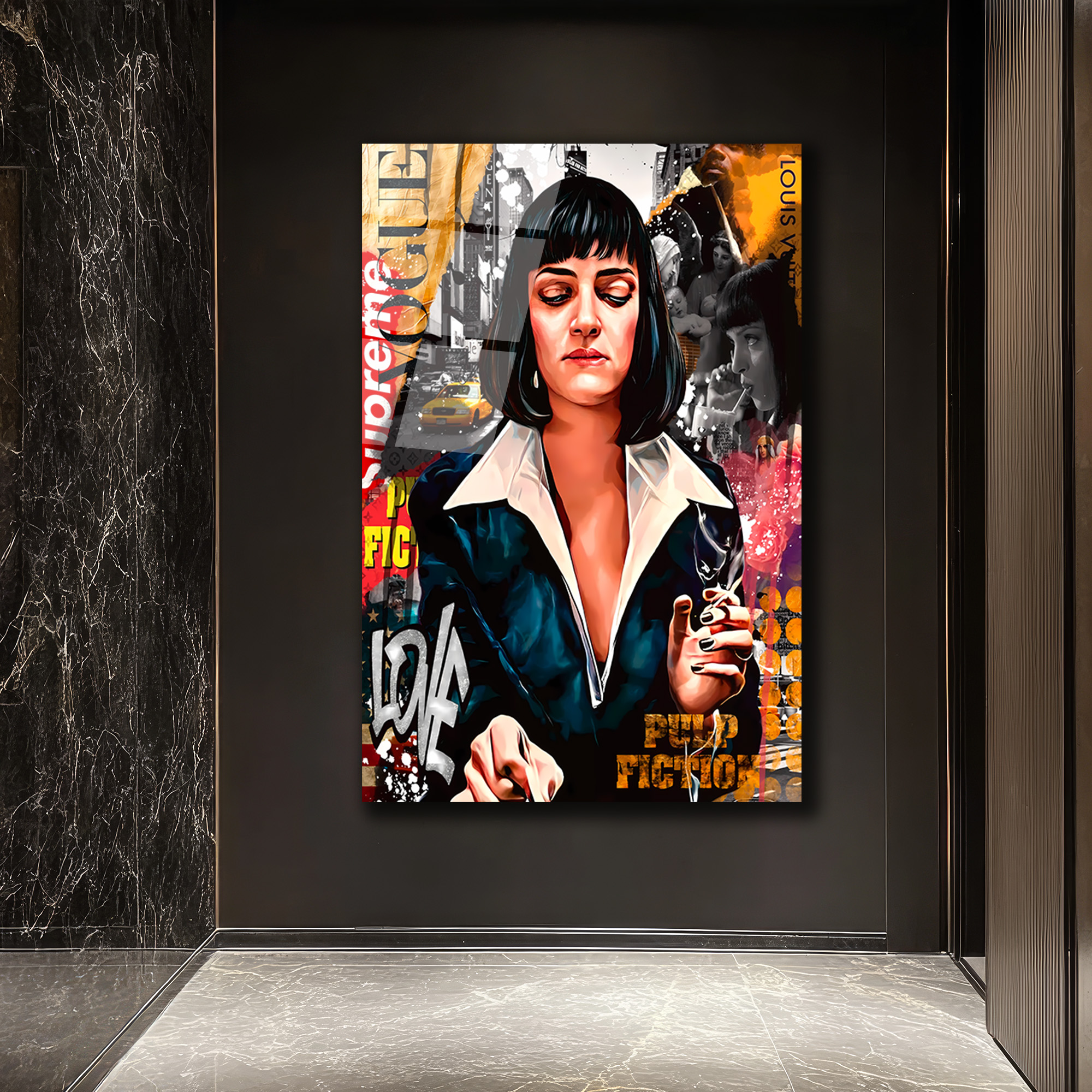Mia Wallace Pop Art Temalı Premium Cam Tablo Duvar Dekoru Mia Wallace Pop Art Temalı Premium Cam Tablo
