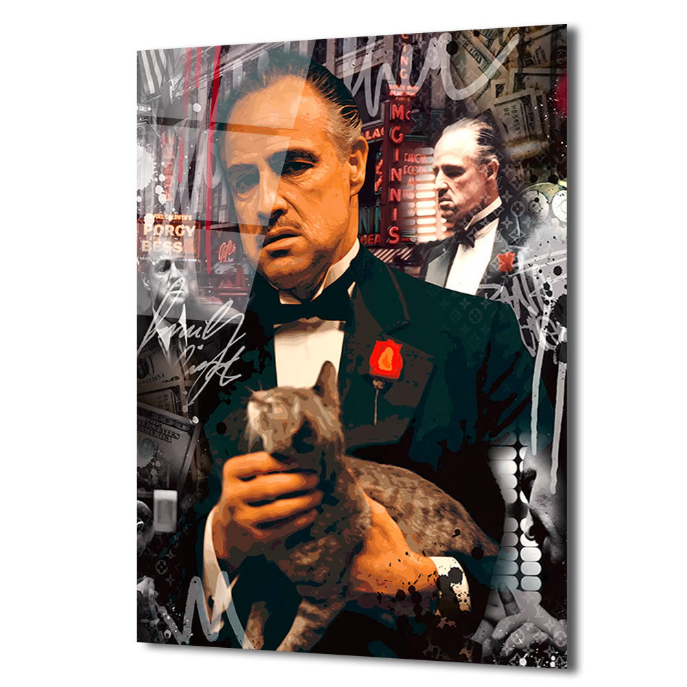 Vito Corleone Temalı Sanatsal Cam Tablo - Güç ve Karizma Duvar Dekoru Duvar Dekoru Vito Corleone Temalı Sanatsal Cam Tablo - Güç ve Karizma Duvar Dekoru