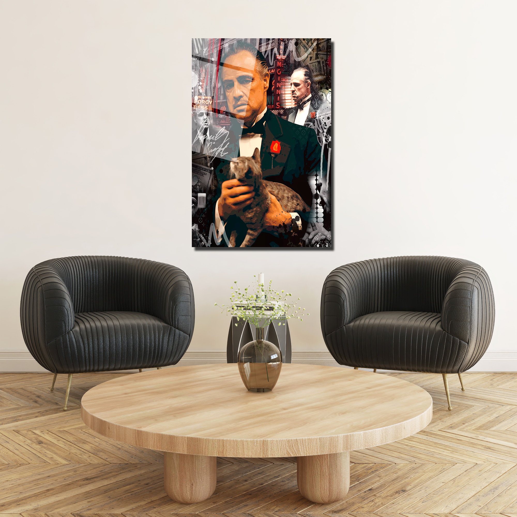 Vito Corleone Temalı Sanatsal Cam Tablo - Güç ve Karizma Duvar Dekoru Duvar Dekoru Vito Corleone Temalı Sanatsal Cam Tablo - Güç ve Karizma Duvar Dekoru