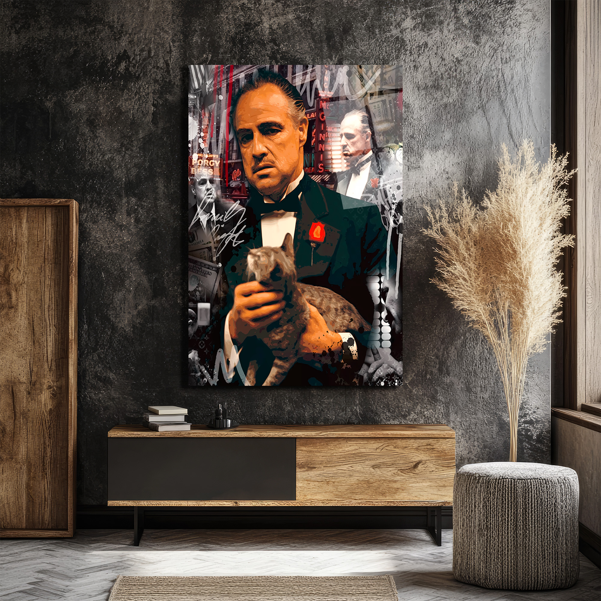 Vito Corleone Temalı Sanatsal Cam Tablo - Güç ve Karizma Duvar Dekoru Duvar Dekoru Vito Corleone Temalı Sanatsal Cam Tablo - Güç ve Karizma Duvar Dekoru