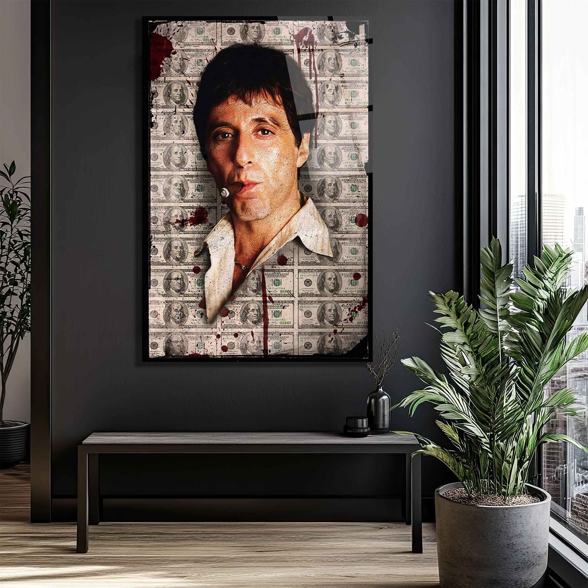 Scarface Efsanesi Tony Montana Cam Tablo | Para ve Güç Temalı Duvar Dekoru Scarface Efsanesi Tony Montana Cam Tablo | Para ve Güç Temalı