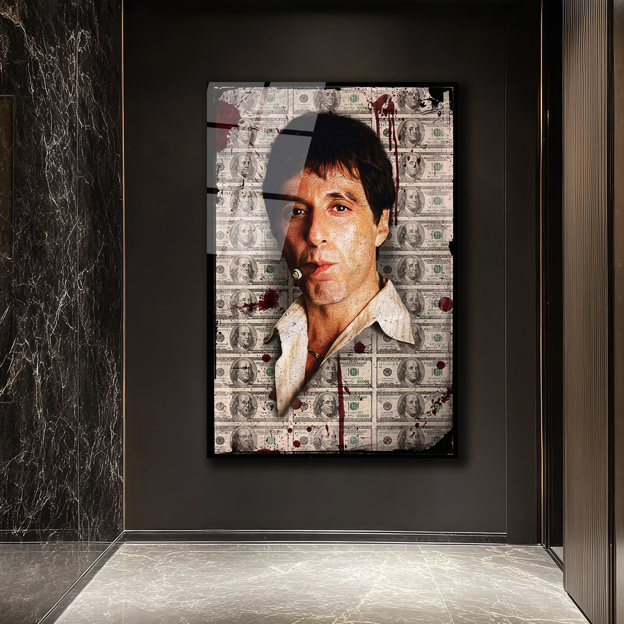 Scarface Efsanesi Tony Montana Cam Tablo | Para ve Güç Temalı Duvar Dekoru Scarface Efsanesi Tony Montana Cam Tablo | Para ve Güç Temalı