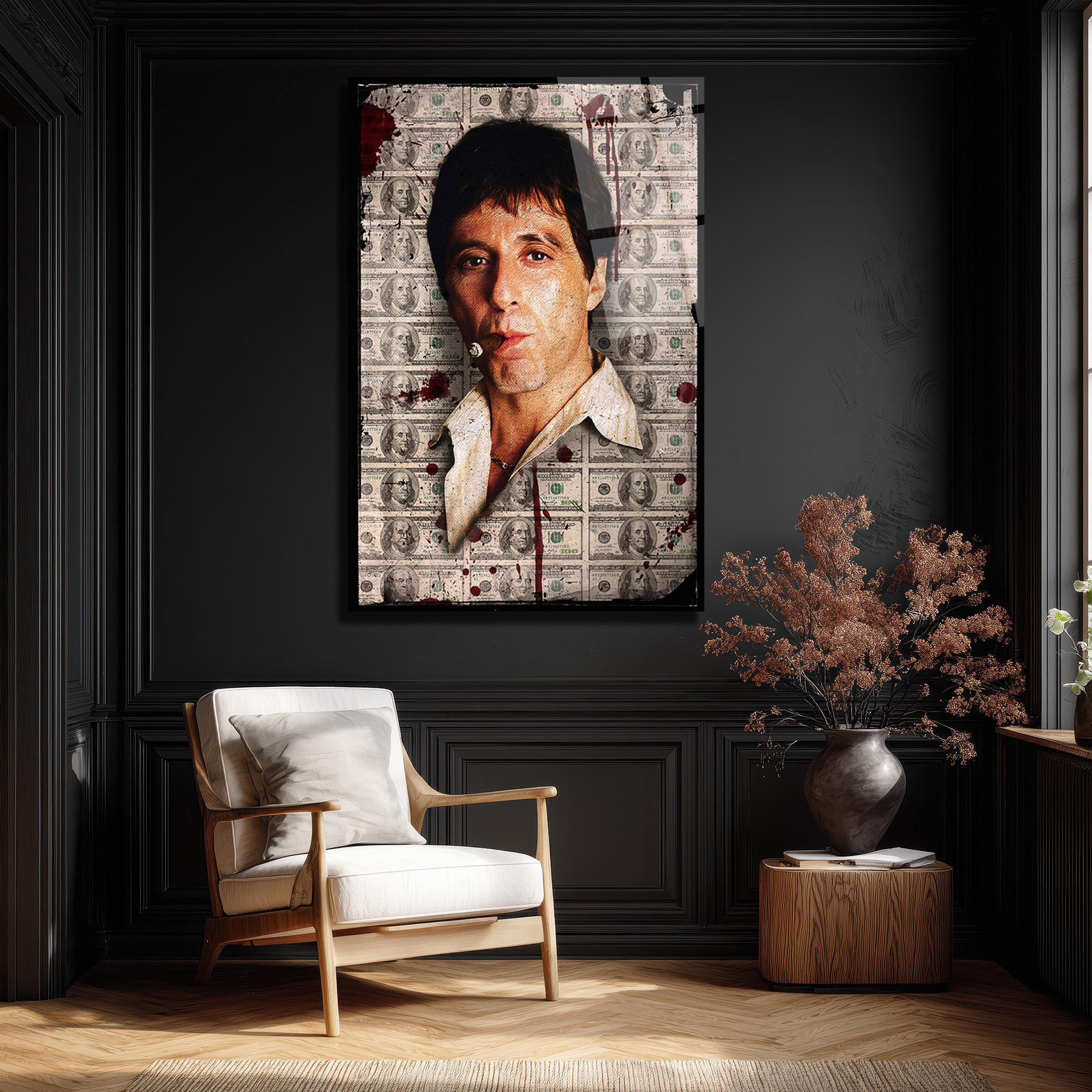Scarface Efsanesi Tony Montana Cam Tablo | Para ve Güç Temalı Duvar Dekoru Scarface Efsanesi Tony Montana Cam Tablo | Para ve Güç Temalı