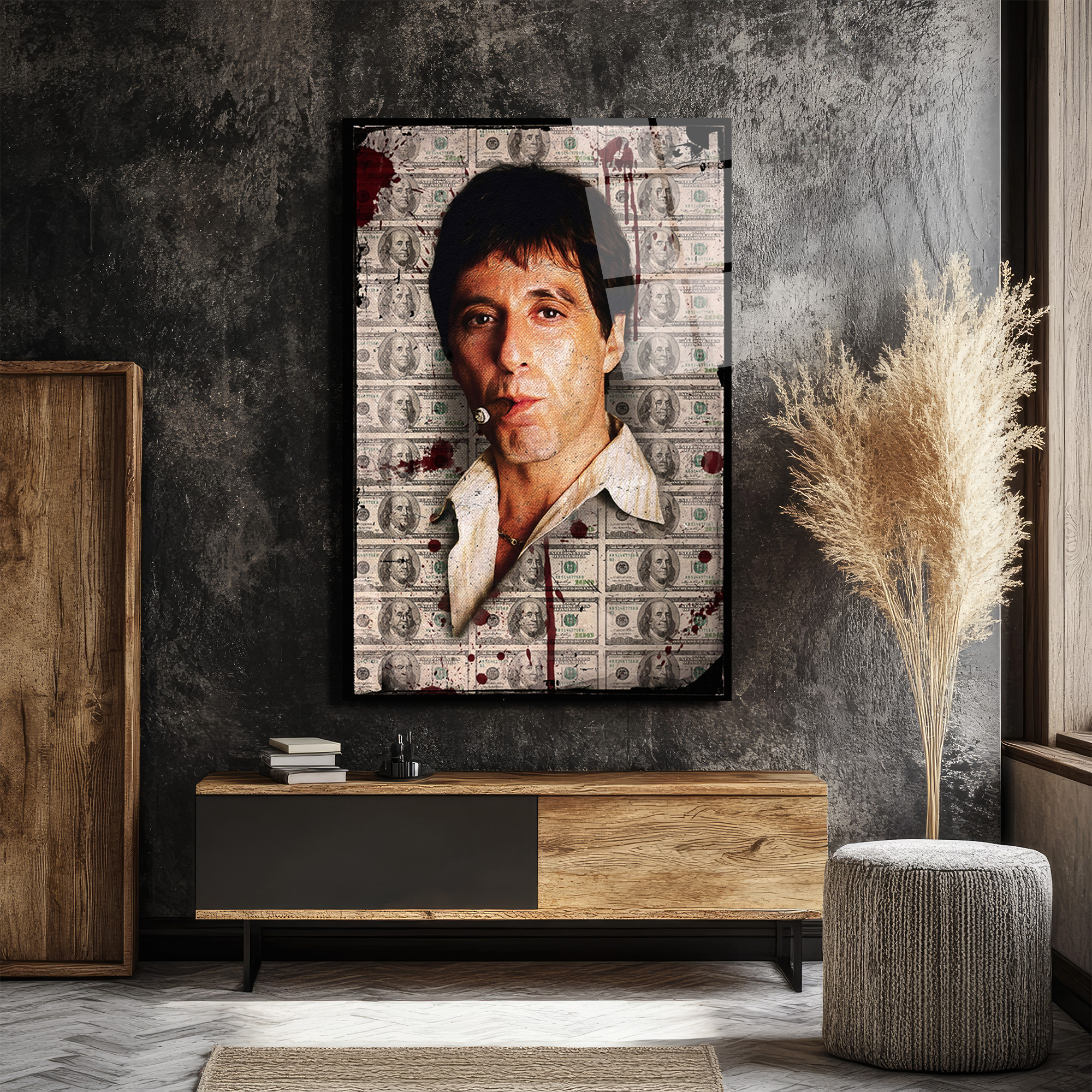 Scarface Efsanesi Tony Montana Cam Tablo | Para ve Güç Temalı Duvar Dekoru Scarface Efsanesi Tony Montana Cam Tablo | Para ve Güç Temalı
