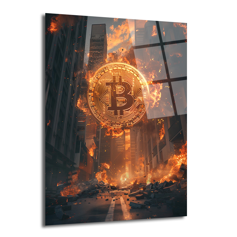 Bitcoin Yükselişi: Dijital Çağın Güçlü Cam Tablosu Duvar Dekoru Yanan bir şehirde yükselen, alevler içinde parlayan altın renkli Bitcoin sembolünü gösteren cam tablo. Yıkılmış binalar ve enkaz dolu sokaklar, dijital dünyanın gücünü ve etkisini vurguluyor.