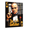 The Godfather Vito Corleone Temalı Cam Tablo - Efsanevi Portre Duvar Dekoru Siyah arka plan üzerinde, The Godfather filminden Vito Corleone'nin karizmatik portresi bulunan, sağ üst ve sol alt köşelerde altın kalp sembollü 'K' harfi ile iskambil kartı motifinde tasarlanmış cam tablo.