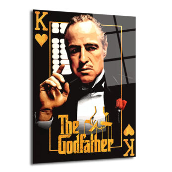 Siyah arka plan üzerinde, The Godfather filminden Vito Corleone'nin karizmatik portresi bulunan, sağ üst ve sol alt köşelerde altın kalp sembollü 'K' harfi ile iskambil kartı motifinde tasarlanmış cam tablo.