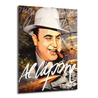 Beyaz şapkalı, puro içen gülümseyen Al Capone'un, para ve mermi görselleriyle çevrili, patlama efektli, pop art tarzı cam tablo.