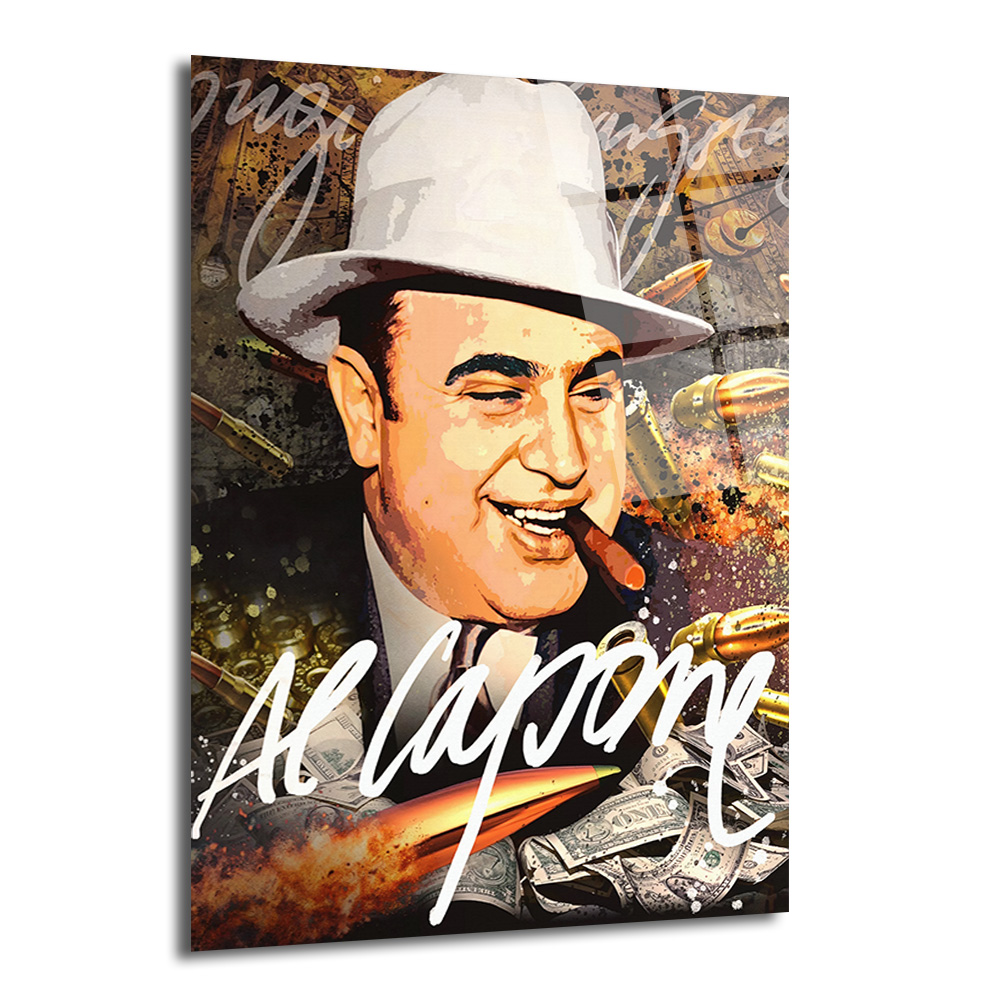 Al Capone Efsanesi Cam Tablo | Gangster Temalı Duvar Sanatı Duvar Dekoru Beyaz şapkalı, puro içen gülümseyen Al Capone'un, para ve mermi görselleriyle çevrili, patlama efektli, pop art tarzı cam tablo.