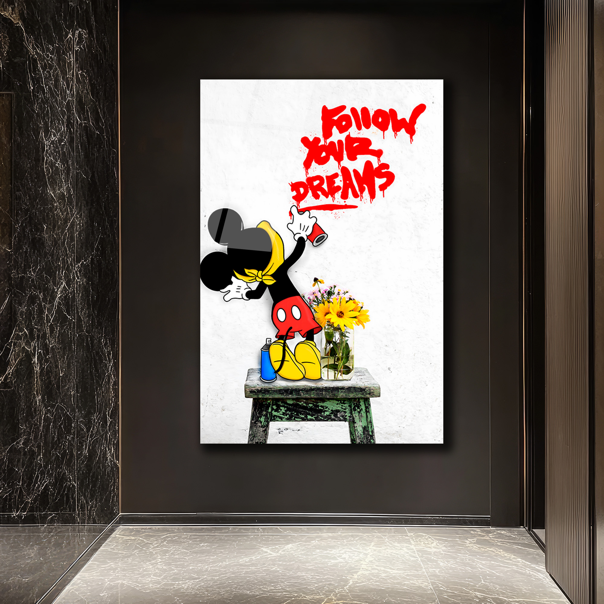 Banksy Tarzı 'Hayallerinin Peşinden Koş' Cam Tablo Duvar Dekoru Banksy Tarzı 'Hayallerinin Peşinden Koş' Cam Tablo