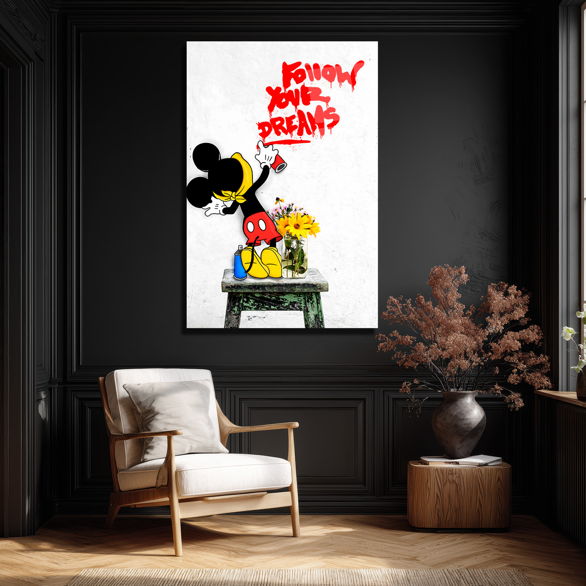 Banksy Tarzı 'Hayallerinin Peşinden Koş' Cam Tablo Duvar Dekoru Banksy Tarzı 'Hayallerinin Peşinden Koş' Cam Tablo