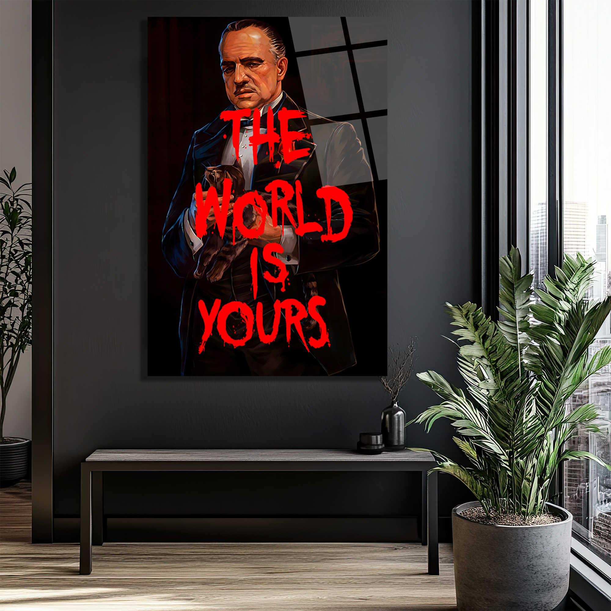 Baba Figürlü 'The World Is Yours' Sanatsal Cam Tablo Duvar Dekoru Baba Figürlü 'The World Is Yours' Sanatsal Cam Tablo