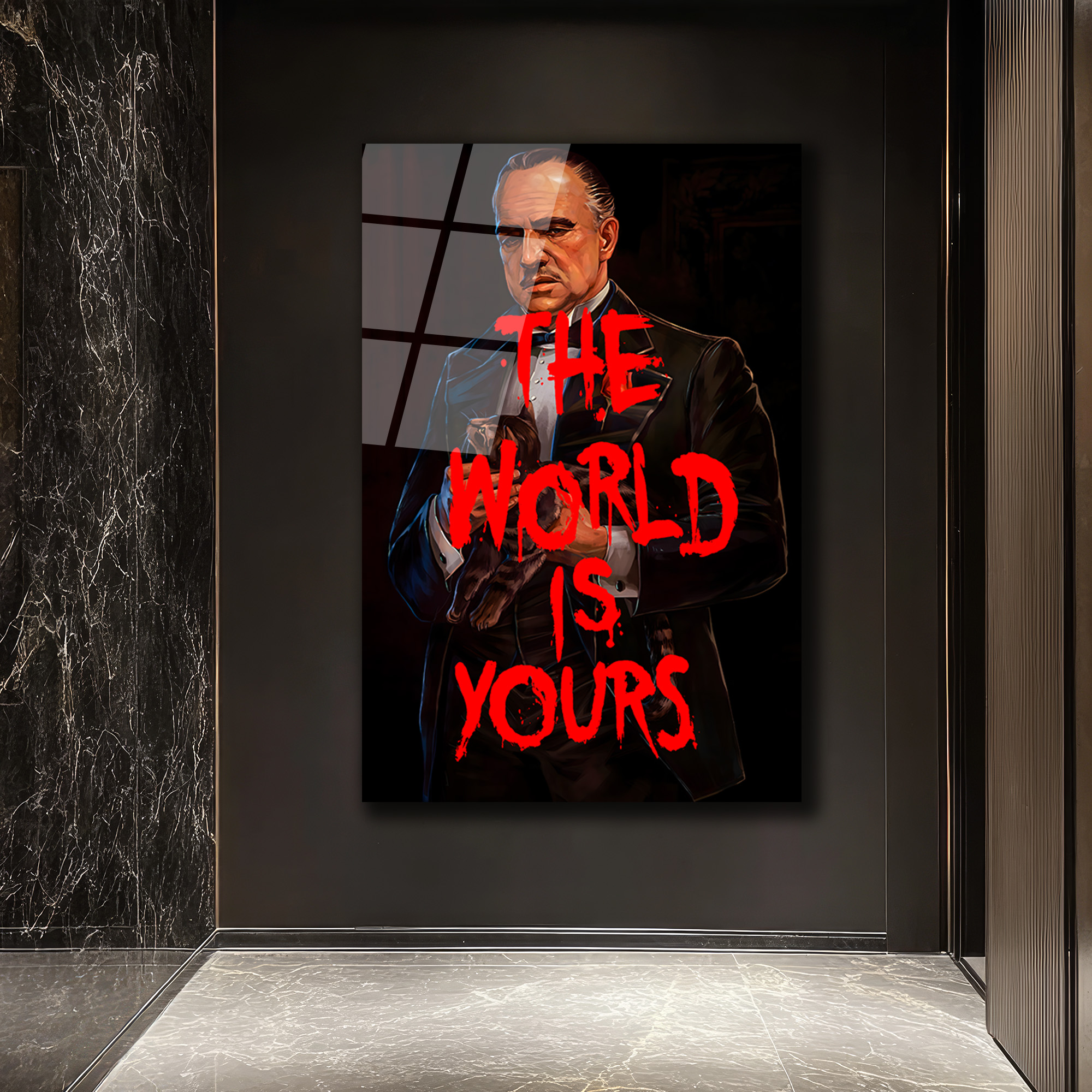 Baba Figürlü 'The World Is Yours' Sanatsal Cam Tablo Duvar Dekoru Baba Figürlü 'The World Is Yours' Sanatsal Cam Tablo