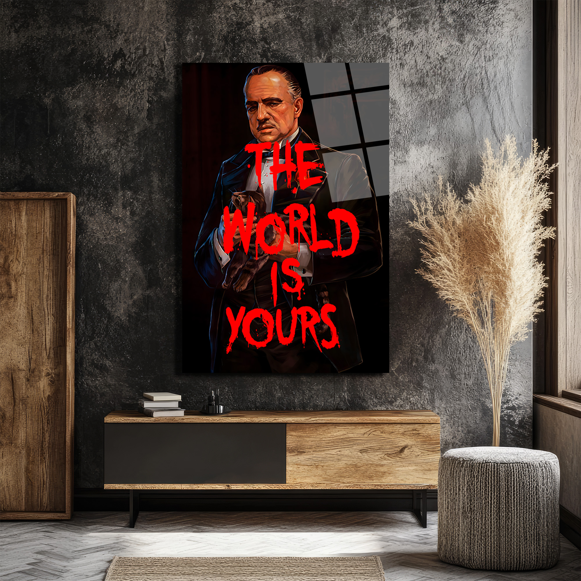 Baba Figürlü 'The World Is Yours' Sanatsal Cam Tablo Duvar Dekoru Baba Figürlü 'The World Is Yours' Sanatsal Cam Tablo