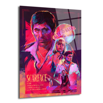 Canlı neon renklerde, Scarface filminin ana karakterleri Al Pacino, Michelle Pfeiffer ve Steven Bauer'in stilize edilmiş portrelerini içeren, 'The World Is Yours' yazılı bir küre ve dramatik bir merdiven sahnesiyle kompozisyon oluşturulmuş modern bir cam tablo.