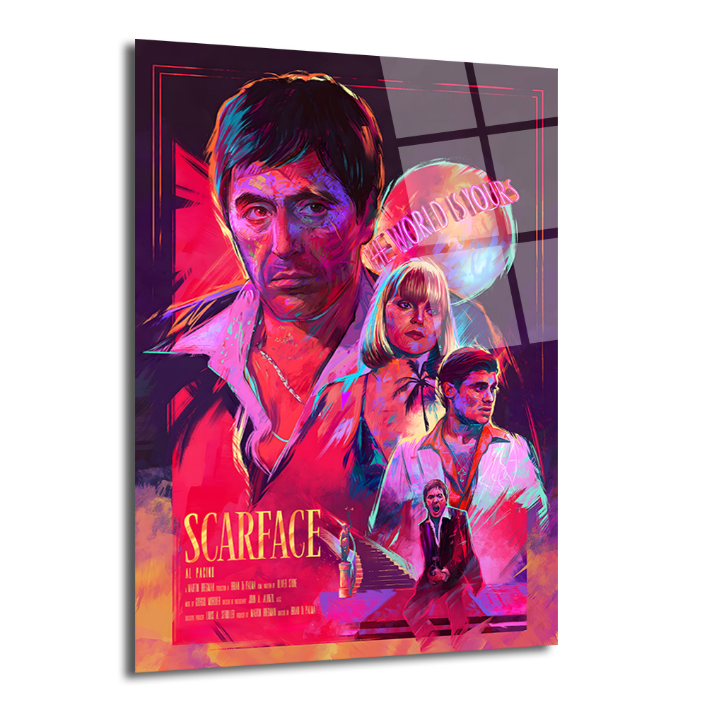 Scarface The World Is Yours Cam Tablo - Neon Sanat Duvar Dekoru Duvar Dekoru Canlı neon renklerde, Scarface filminin ana karakterleri Al Pacino, Michelle Pfeiffer ve Steven Bauer'in stilize edilmiş portrelerini içeren, 'The World Is Yours' yazılı bir küre ve dramatik bir merdiven sahnesiyle kompozisyon oluşturulmuş modern bir cam tablo.