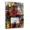 Muhammed Ali Kral Temalı Lüks Cam Tablo - Float Like a Butterfly Duvar Dekoru Üzerinde altın taç bulunan, kırmızı boks eldivenli ve lüks marka desenli şort giymiş Muhammed Ali'nin, arka planda para motifleri, 'THE GREATEST' ve 'FLOAT LIKE A BUTTERFLY' yazılarıyla çevrili, pop art ve graffiti tarzında, enerjik bir cam tablo.