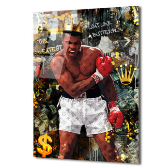 Muhammed Ali Kral Temalı Lüks Cam Tablo - Float Like a Butterfly