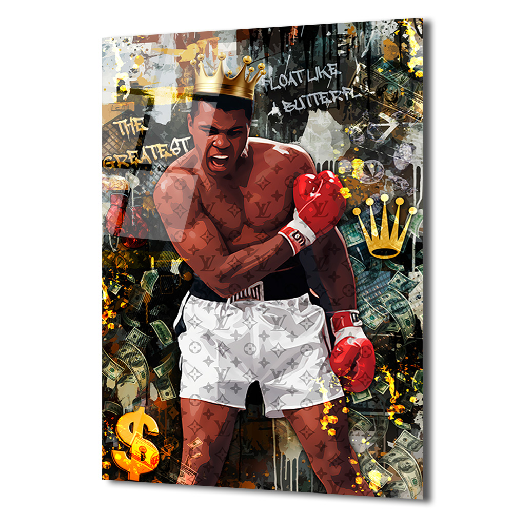 Muhammed Ali Kral Temalı Lüks Cam Tablo - Float Like a Butterfly Duvar Dekoru Muhammed Ali Kral Temalı Lüks Cam Tablo - Float Like a Butterfly