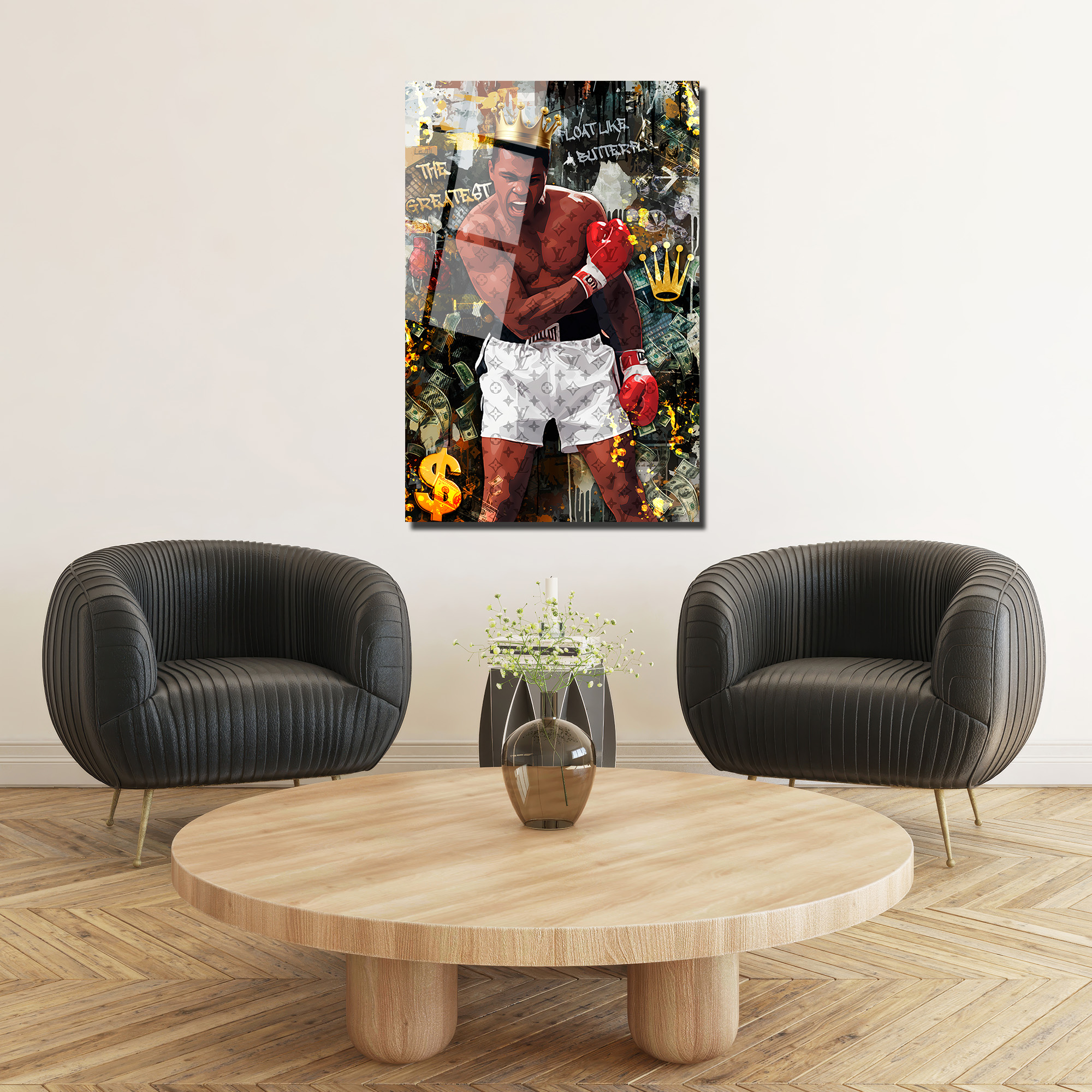Muhammed Ali Kral Temalı Lüks Cam Tablo - Float Like a Butterfly Duvar Dekoru Muhammed Ali Kral Temalı Lüks Cam Tablo - Float Like a Butterfly