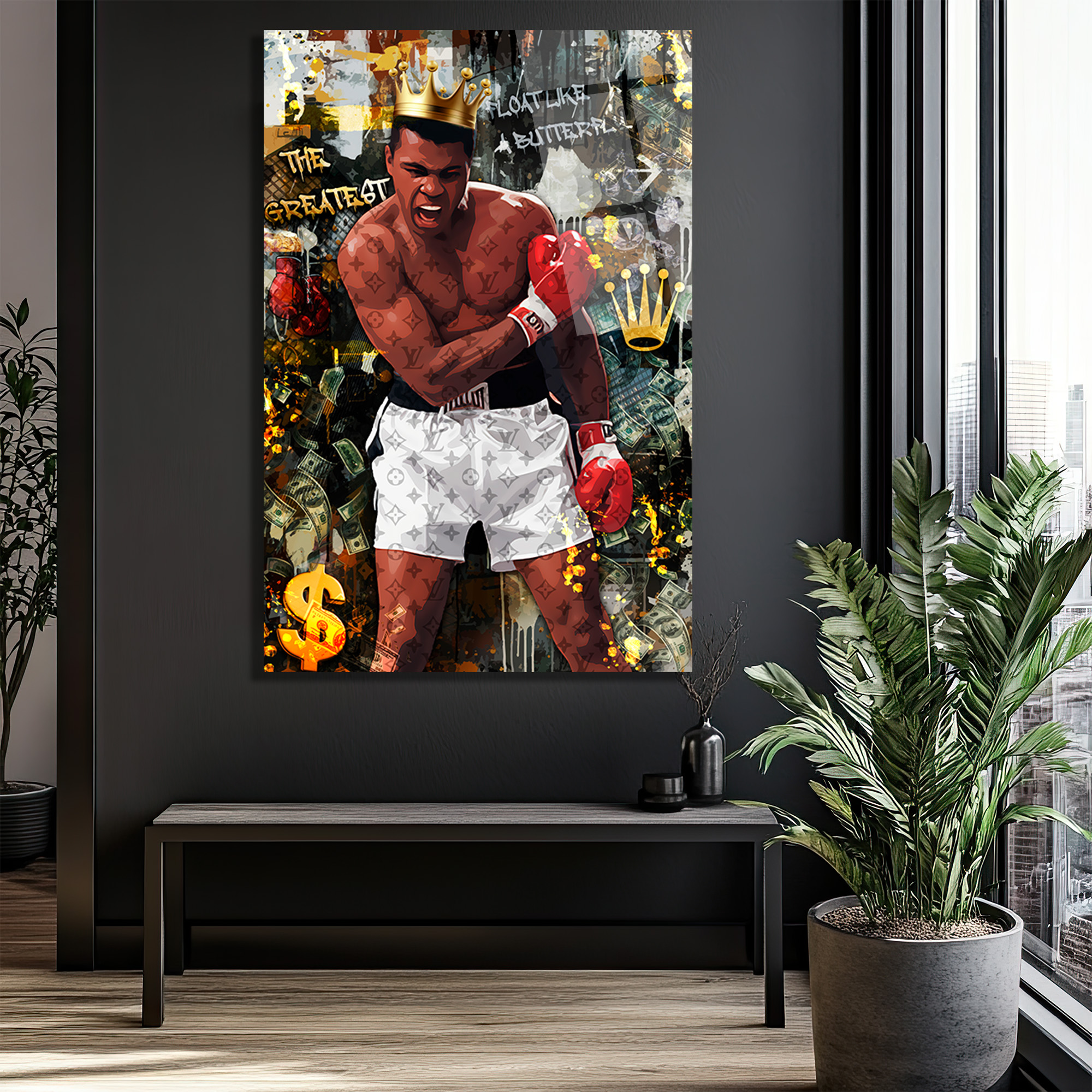 Muhammed Ali Kral Temalı Lüks Cam Tablo - Float Like a Butterfly Duvar Dekoru Muhammed Ali Kral Temalı Lüks Cam Tablo - Float Like a Butterfly