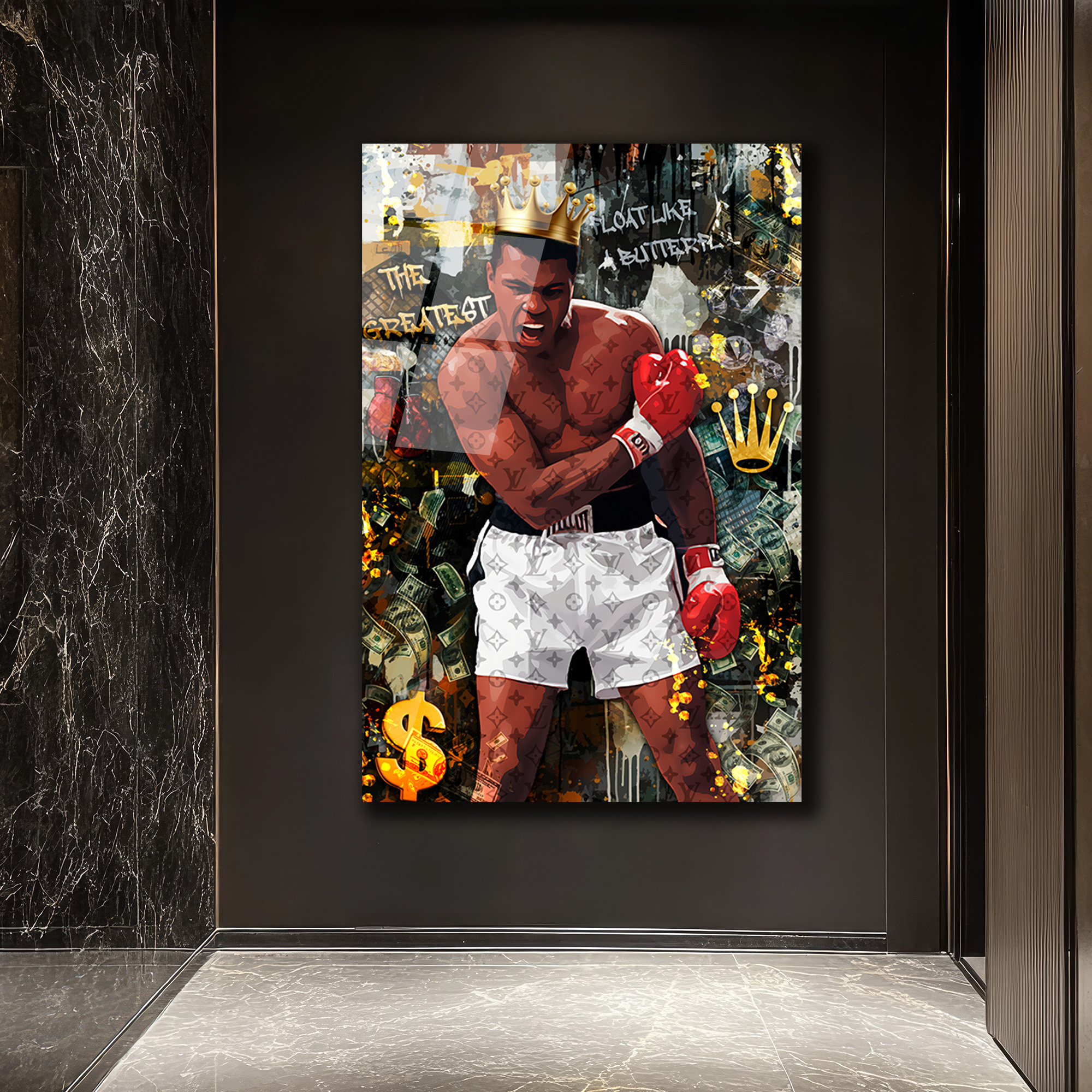 Muhammed Ali Kral Temalı Lüks Cam Tablo - Float Like a Butterfly Duvar Dekoru Muhammed Ali Kral Temalı Lüks Cam Tablo - Float Like a Butterfly