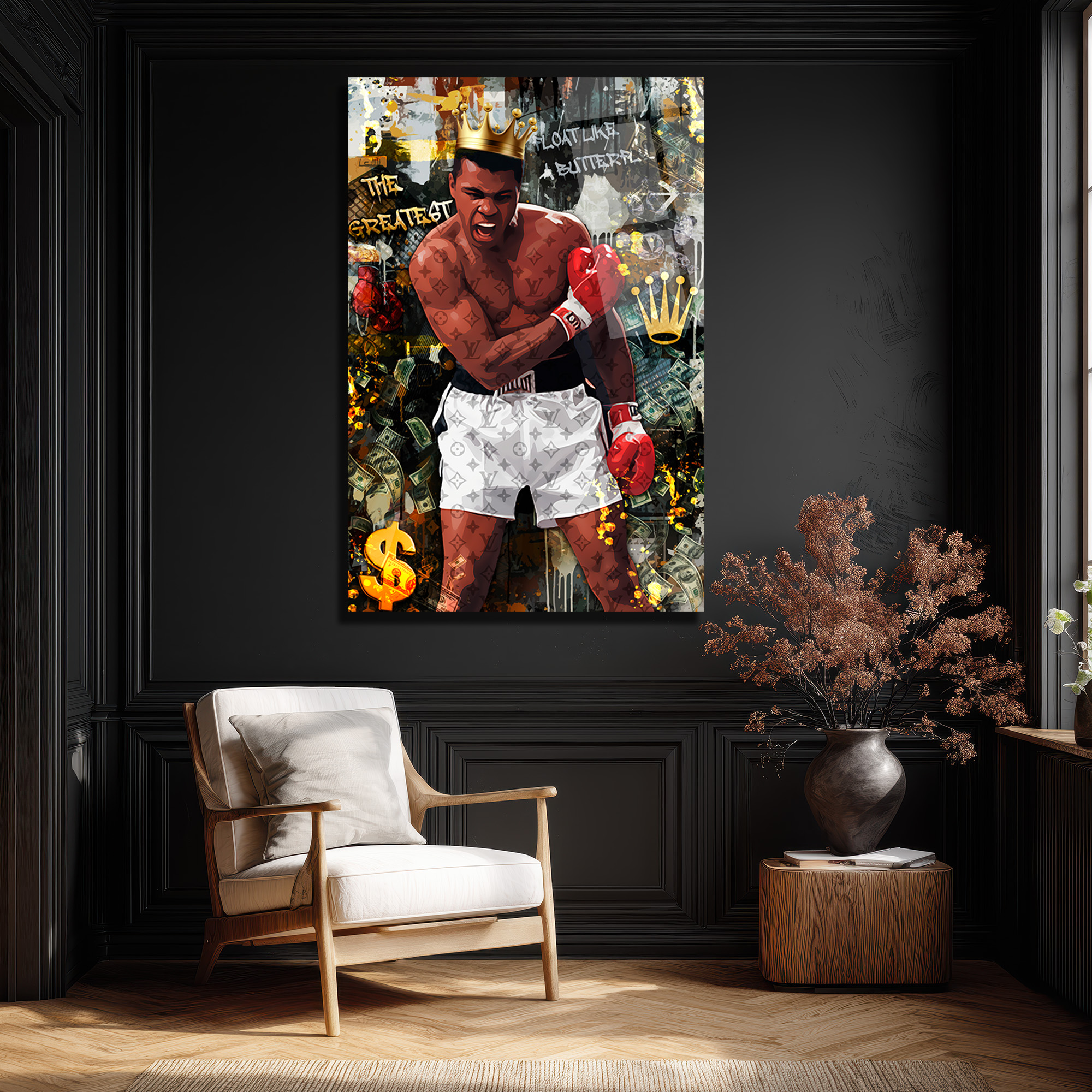 Muhammed Ali Kral Temalı Lüks Cam Tablo - Float Like a Butterfly Duvar Dekoru Muhammed Ali Kral Temalı Lüks Cam Tablo - Float Like a Butterfly