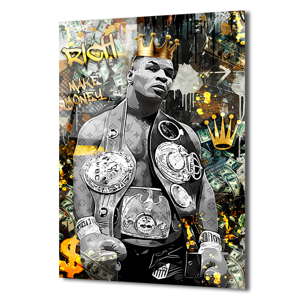 Demir Mike Tyson Kral Tacı ve Para Temalı Sanat Cam Tablo Duvar Dekoru Demir Mike Tyson Kral Tacı ve Para Temalı Sanat Cam Tablo