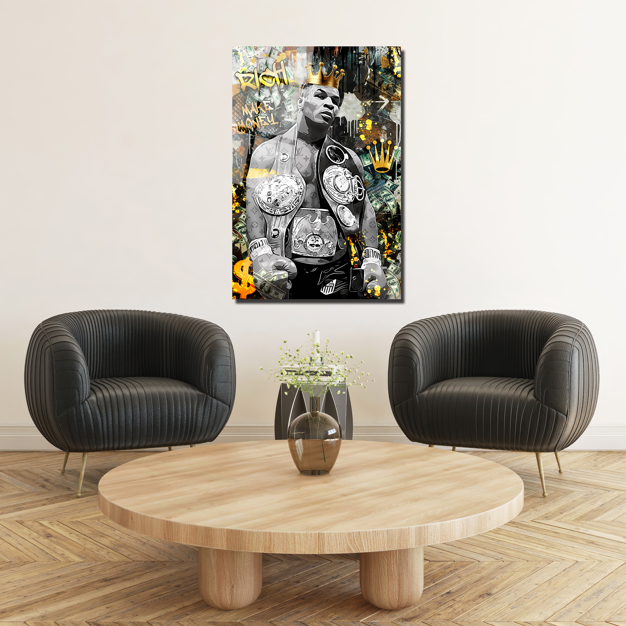 Demir Mike Tyson Kral Tacı ve Para Temalı Sanat Cam Tablo Duvar Dekoru Demir Mike Tyson Kral Tacı ve Para Temalı Sanat Cam Tablo
