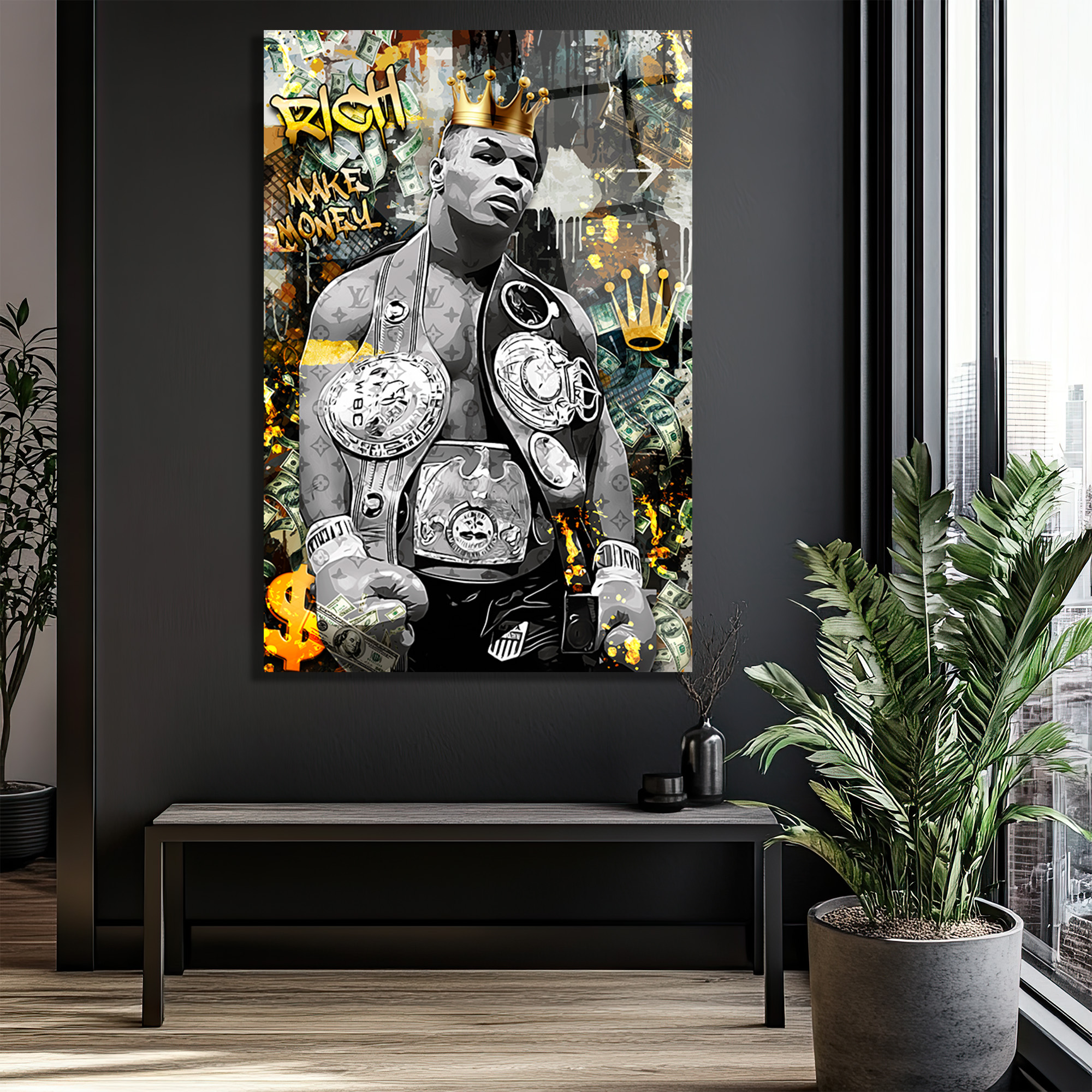 Demir Mike Tyson Kral Tacı ve Para Temalı Sanat Cam Tablo Duvar Dekoru Demir Mike Tyson Kral Tacı ve Para Temalı Sanat Cam Tablo