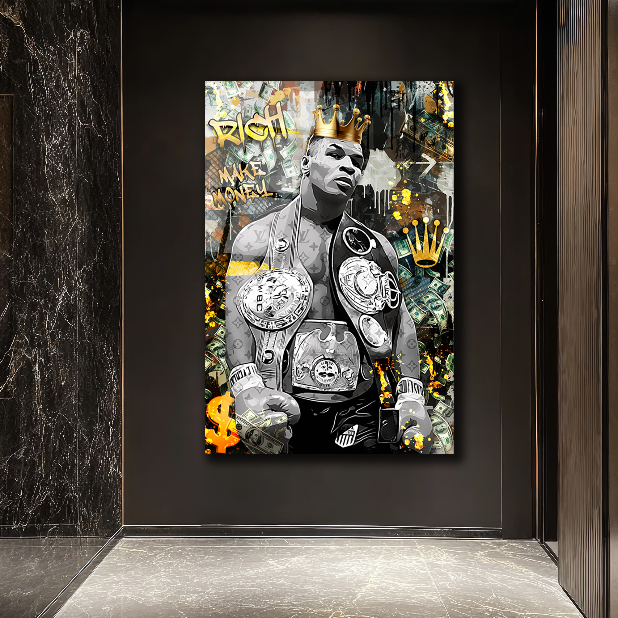 Demir Mike Tyson Kral Tacı ve Para Temalı Sanat Cam Tablo Duvar Dekoru Demir Mike Tyson Kral Tacı ve Para Temalı Sanat Cam Tablo