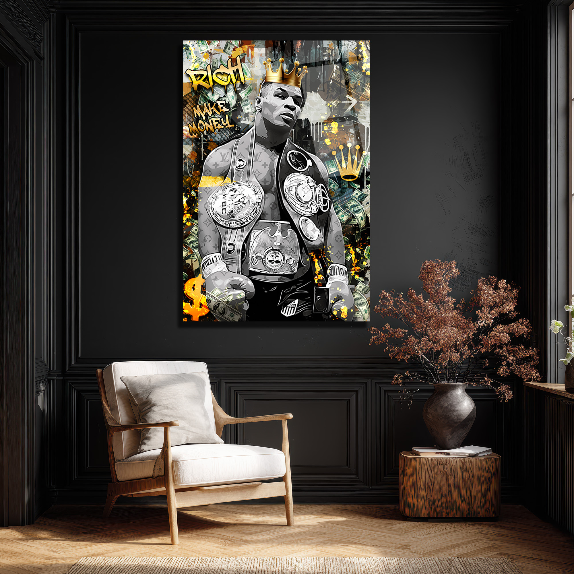 Demir Mike Tyson Kral Tacı ve Para Temalı Sanat Cam Tablo Duvar Dekoru Demir Mike Tyson Kral Tacı ve Para Temalı Sanat Cam Tablo