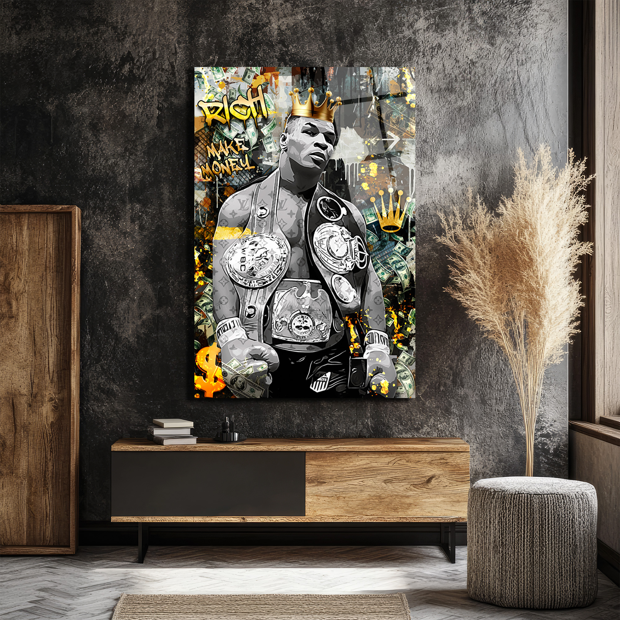 Demir Mike Tyson Kral Tacı ve Para Temalı Sanat Cam Tablo Duvar Dekoru Demir Mike Tyson Kral Tacı ve Para Temalı Sanat Cam Tablo