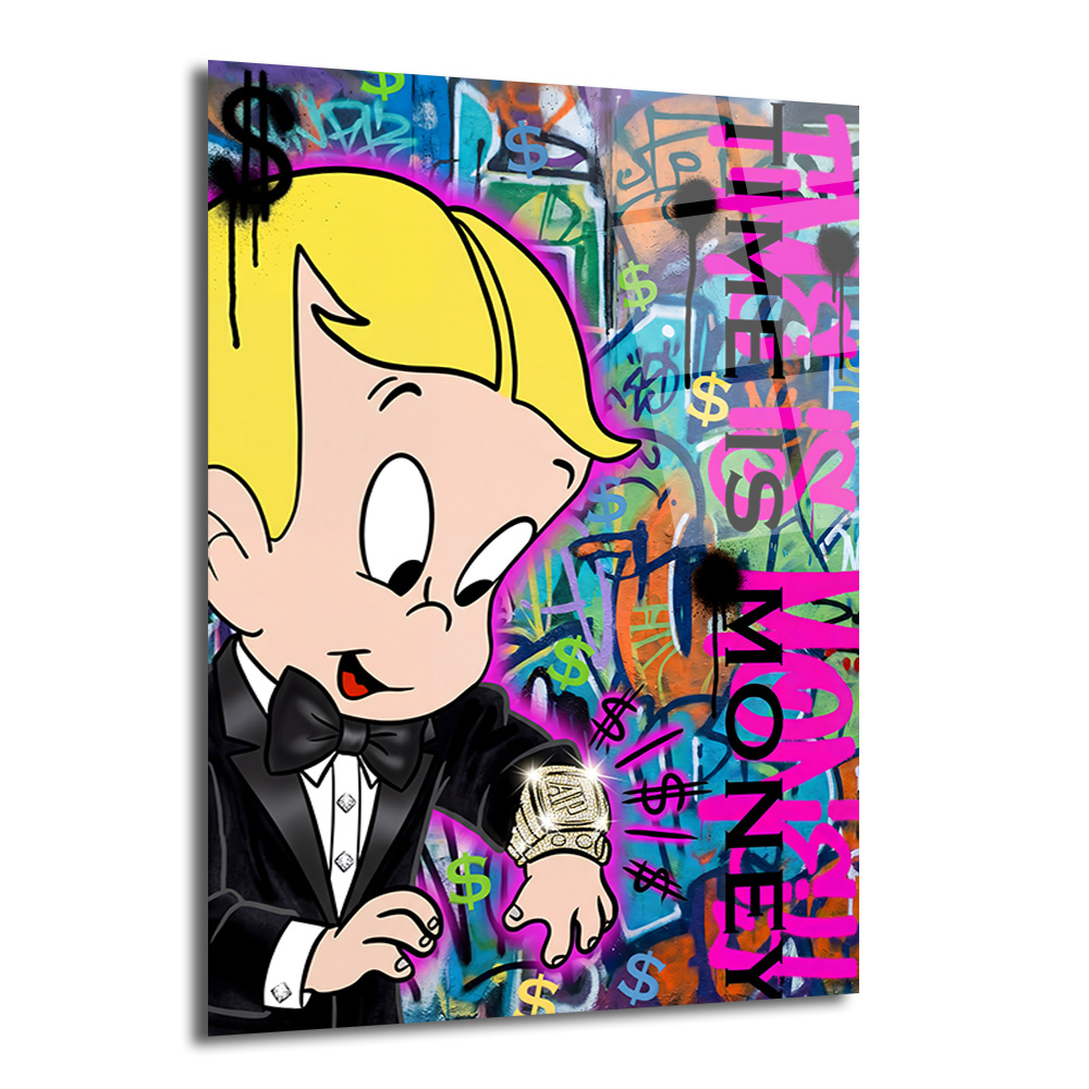 Lüks Pop Art Cam Tablo - Time Is Money Duvar Dekoru Tuxedo giymiş sarı saçlı elindeki pırlantalı saati inceliyor, arka planda renkli graffiti, dolar işaretleri ve 'TIME IS MONEY' yazısı bulunan modern bir cam tablo.