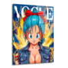 Bulma Stil Street Art Cam Tablo Duvar Dekoru Mavi saçlı ve kırmızı kurdeleli, denim ceketli, dövmeli Bulma karakterinin graffiti ve alev motifleriyle süslenmiş modern bir cam tablo.