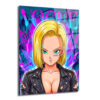 Android 18 Graffiti Cam Tablo: Asi Ruhun Modern Sanatla Buluşması Duvar Dekoru Dragon Ball karakteri Android 18'in punk tarzı, sarı saçlı ve mavi gözlü portresi, arkasında mor ve turkuaz graffiti efektli olan cam tablo. Karakter siyah deri ceket giyiyor ve sol gözünün altında Japonca 'SAYBORG' yazısı dövmesi var.