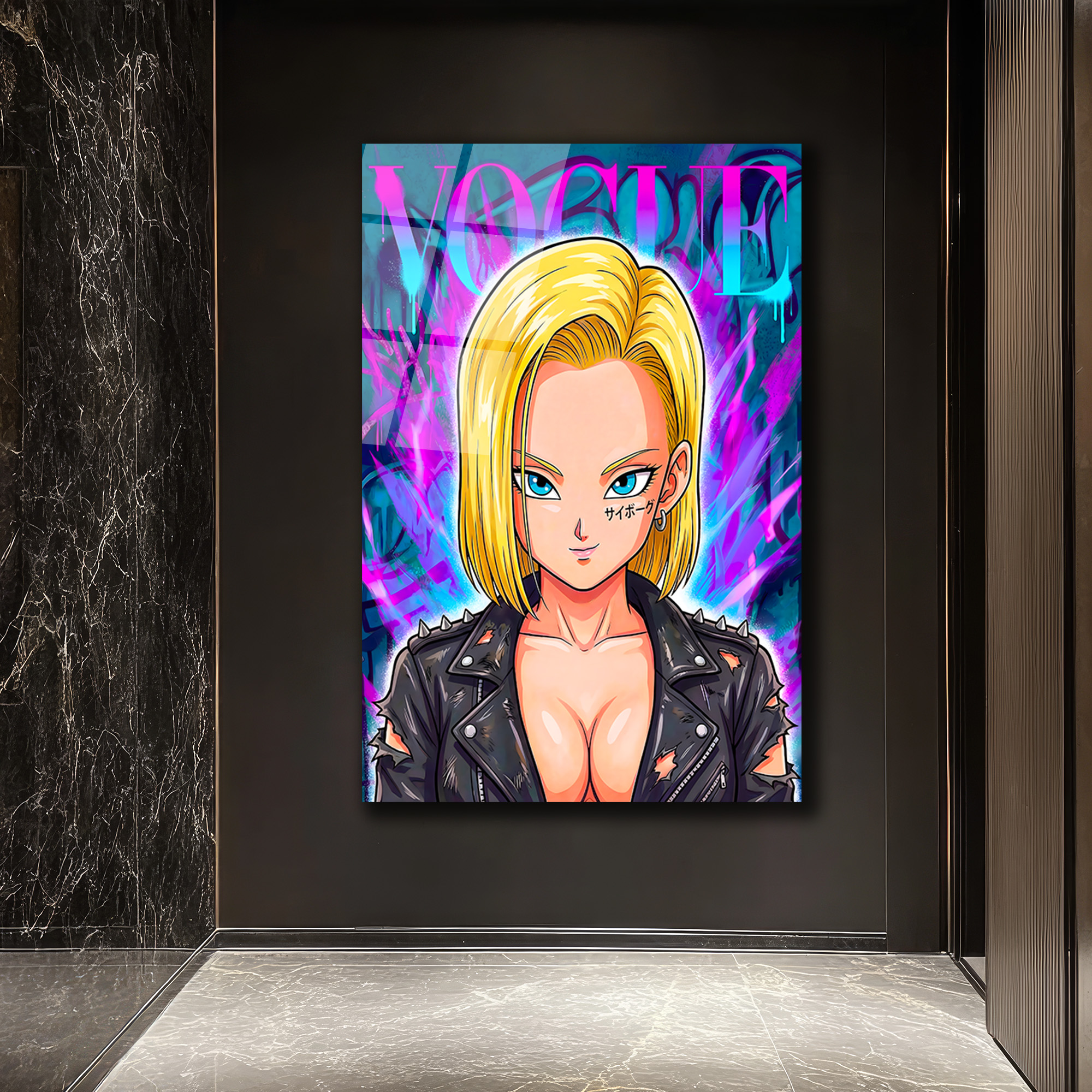 Android 18 Graffiti Cam Tablo: Asi Ruhun Modern Sanatla Buluşması Duvar Dekoru Android 18 Graffiti Cam Tablo: Asi Ruhun Modern Sanatla Buluşması