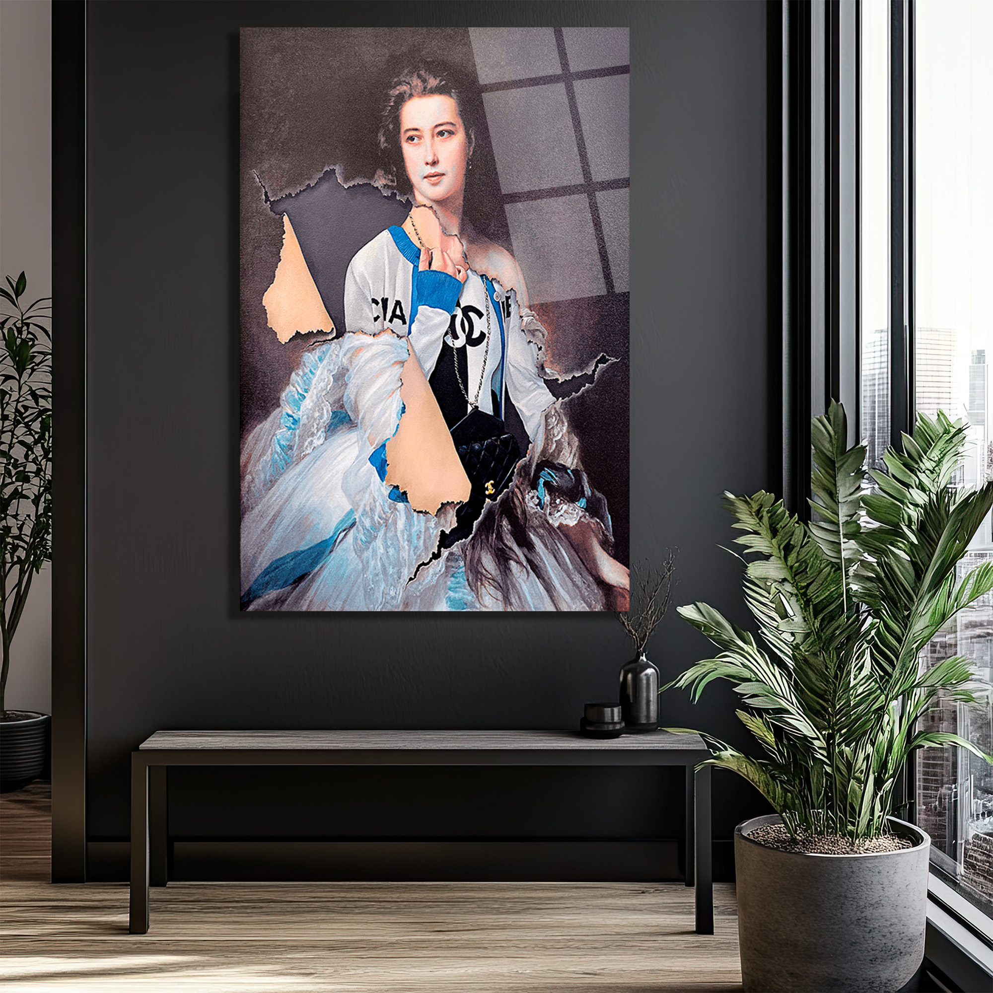 Modern ve Klasik Harmanı Chanel Esintili Cam Tablo Duvar Dekoru Modern ve Klasik Harmanı Chanel Esintili Cam Tablo