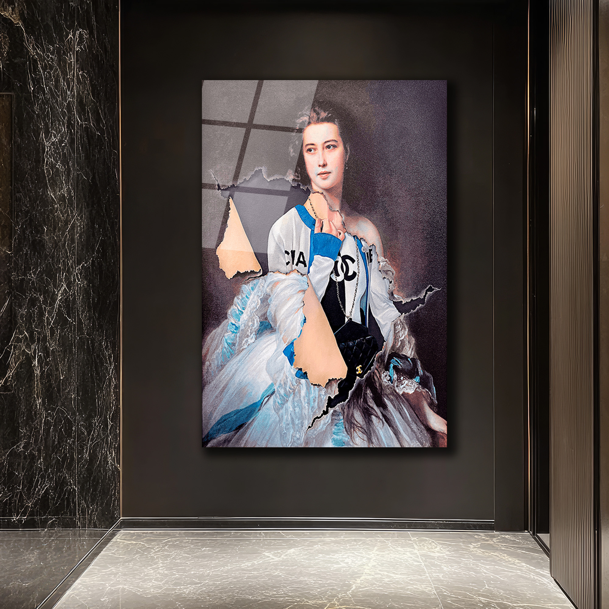 Modern ve Klasik Harmanı Chanel Esintili Cam Tablo Duvar Dekoru Modern ve Klasik Harmanı Chanel Esintili Cam Tablo
