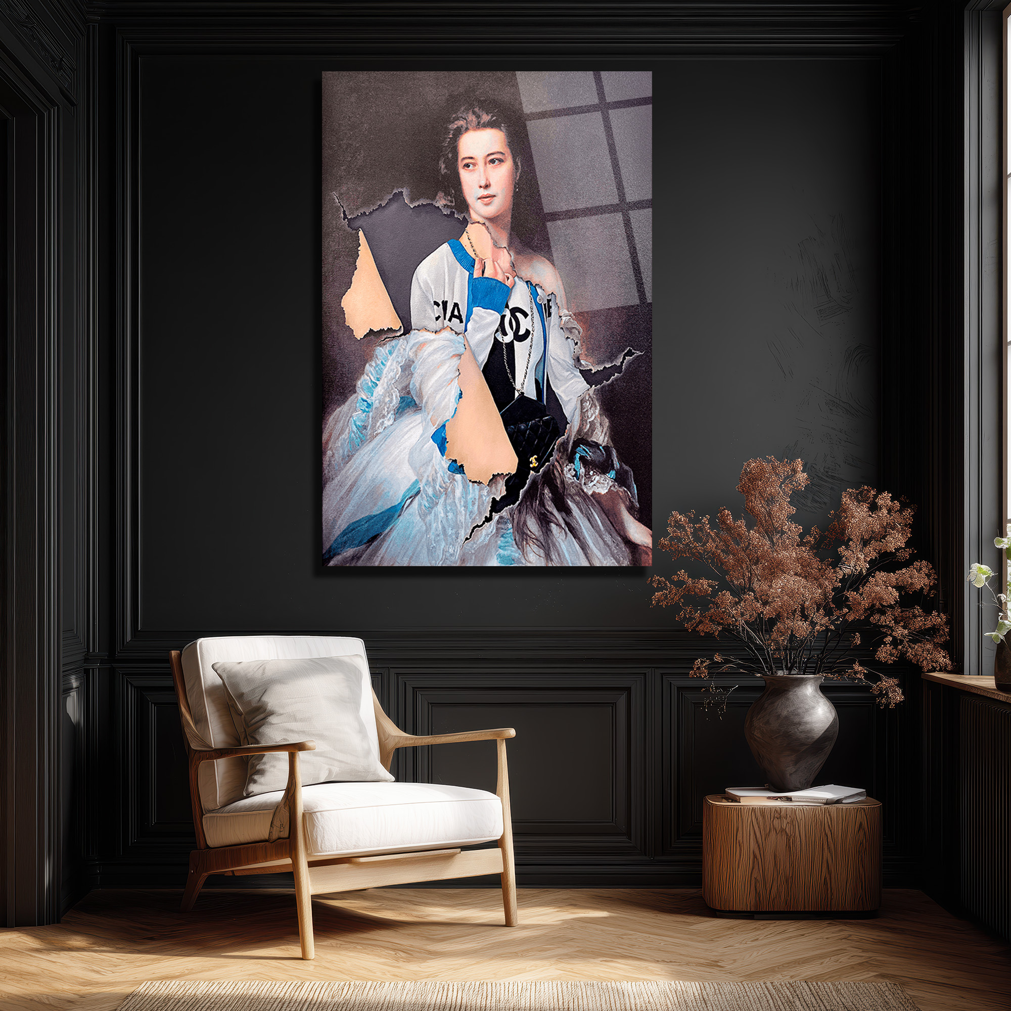 Modern ve Klasik Harmanı Chanel Esintili Cam Tablo Duvar Dekoru Modern ve Klasik Harmanı Chanel Esintili Cam Tablo