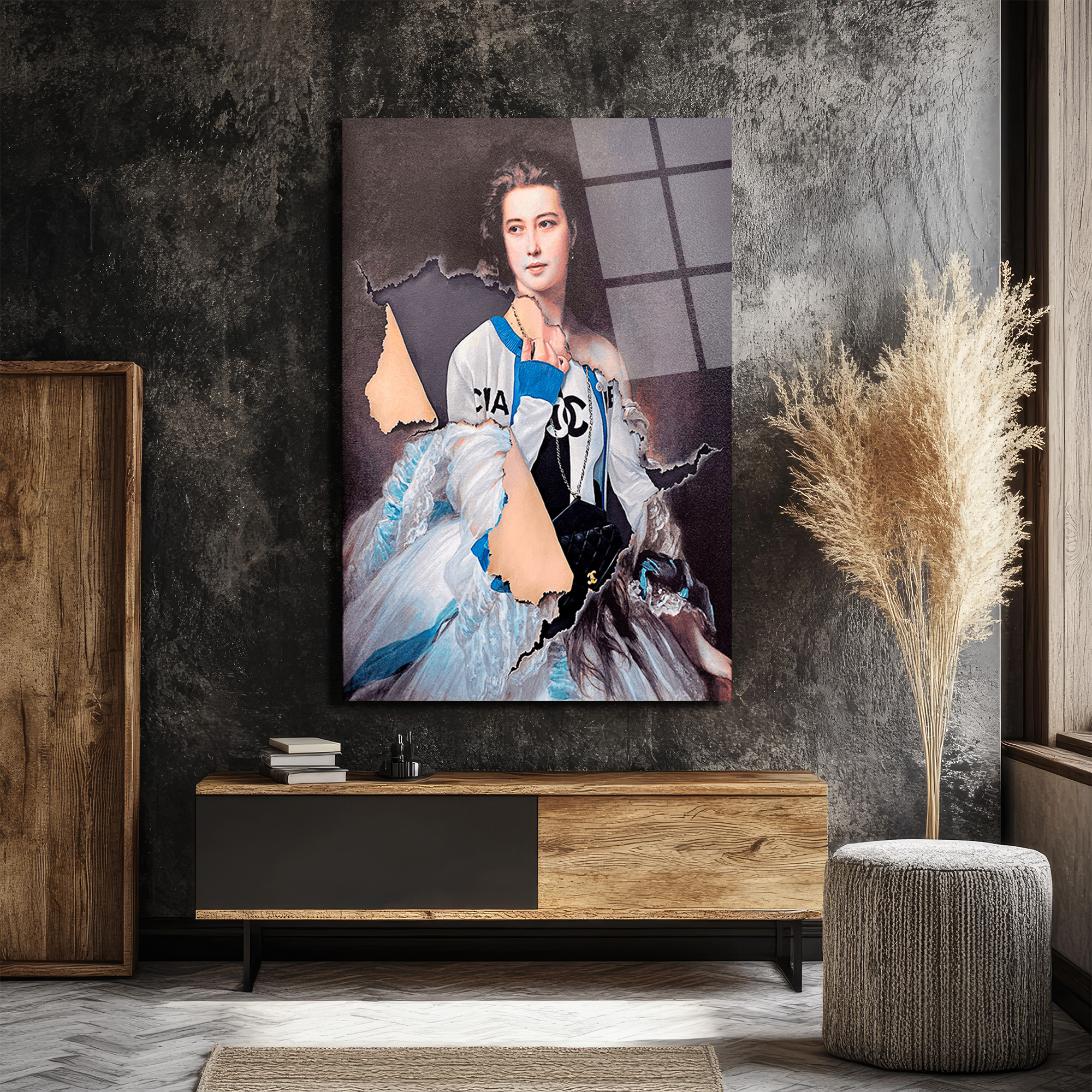Modern ve Klasik Harmanı Chanel Esintili Cam Tablo Duvar Dekoru Modern ve Klasik Harmanı Chanel Esintili Cam Tablo