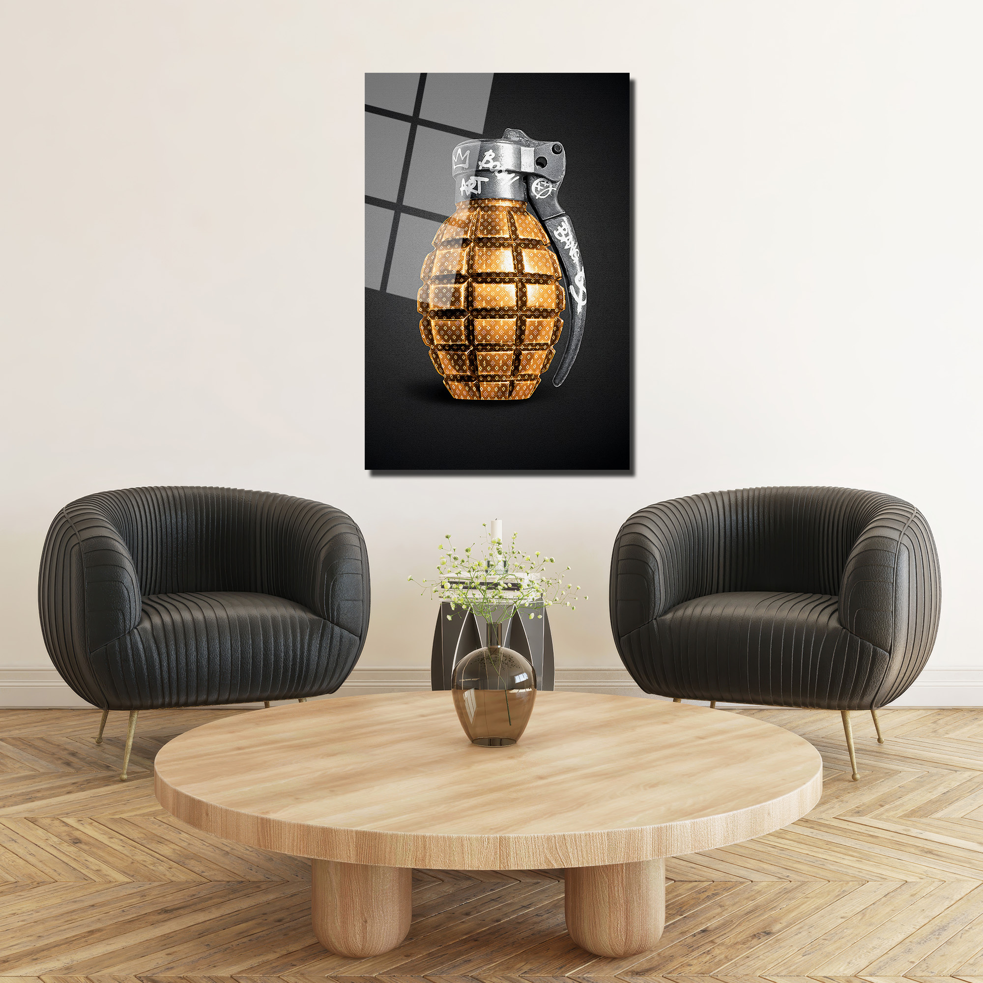 Pop Art Altın Bomba Tasarım Cam Tablo Duvar Dekoru Pop Art Altın Bomba Tasarım Cam Tablo