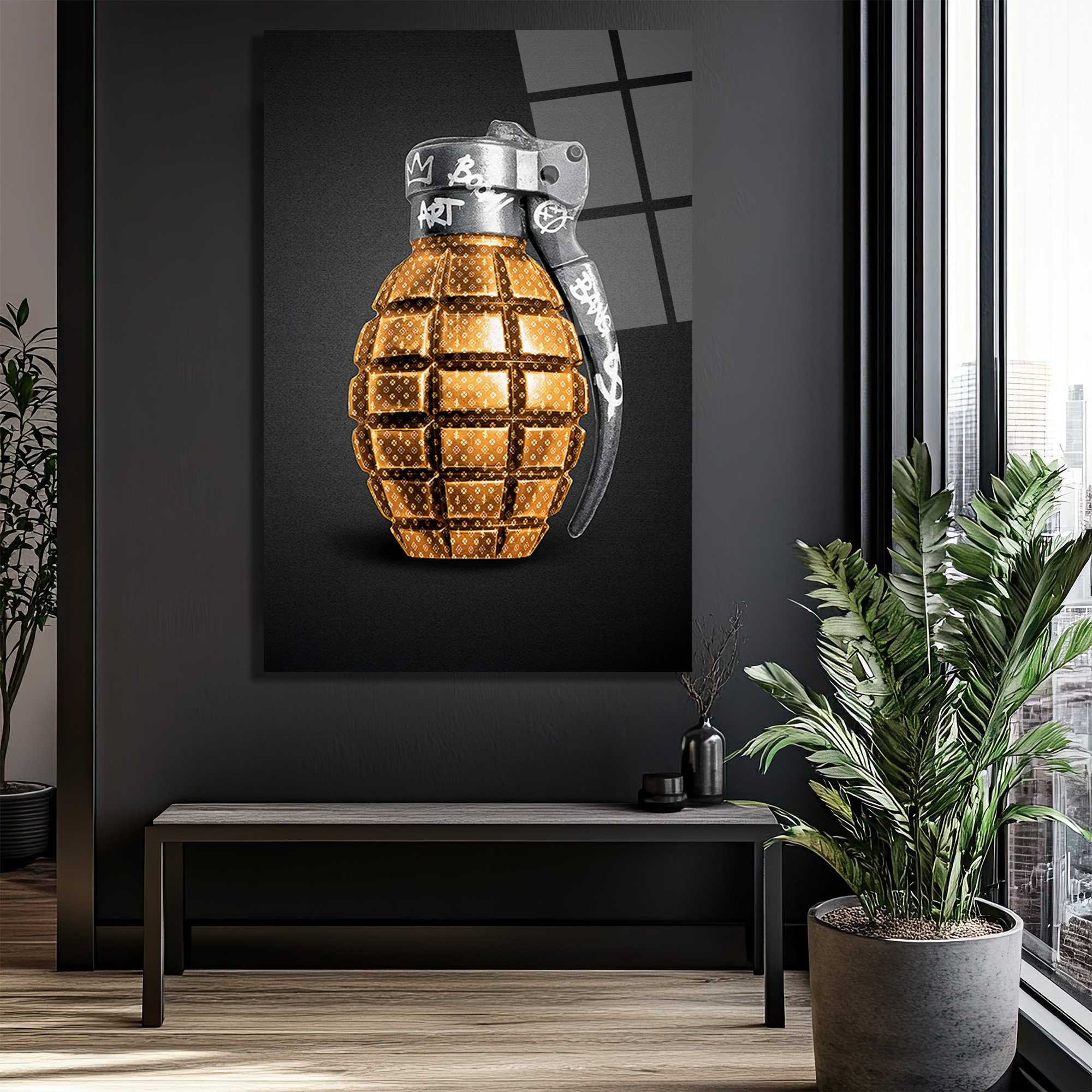 Pop Art Altın Bomba Tasarım Cam Tablo Duvar Dekoru Pop Art Altın Bomba Tasarım Cam Tablo