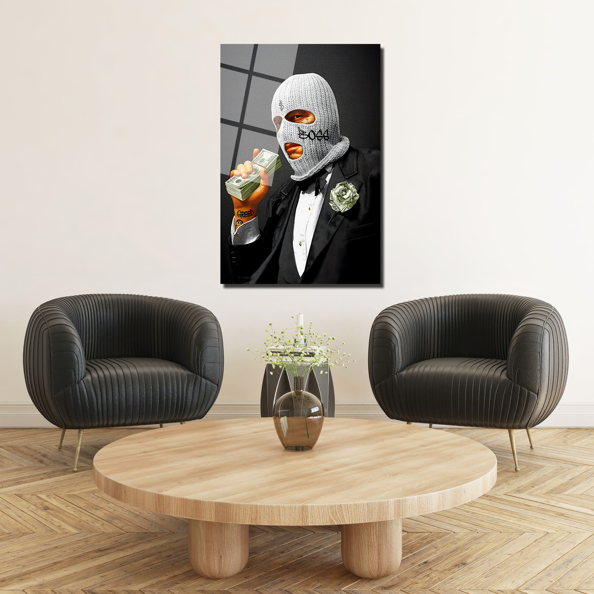 Boss ve Dolar Detaylı Cam Tablo | Modern Sanat Duvar Dekoru Duvar Dekoru Boss ve Dolar Detaylı Cam Tablo | Modern Sanat Duvar Dekoru