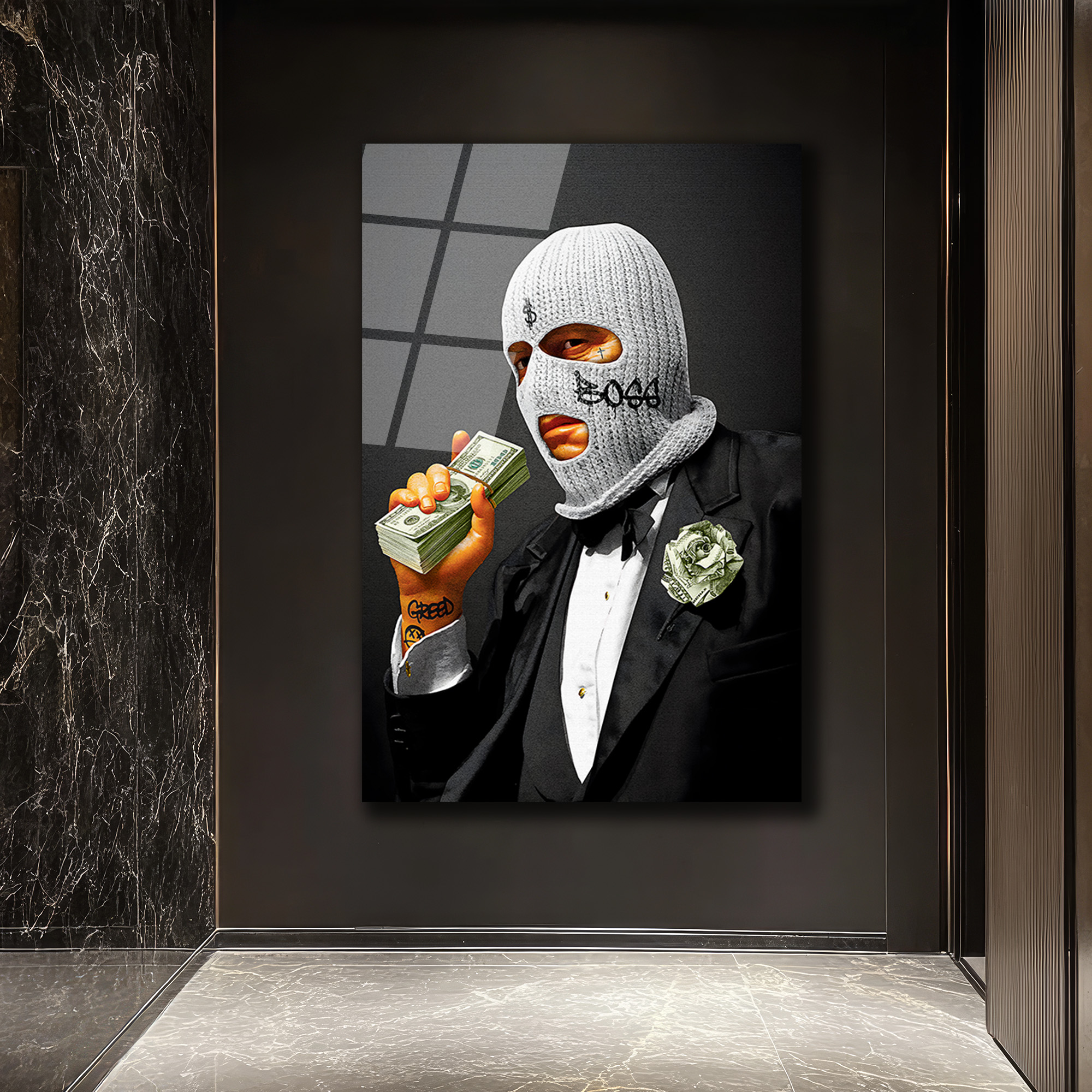 Boss ve Dolar Detaylı Cam Tablo | Modern Sanat Duvar Dekoru Duvar Dekoru Boss ve Dolar Detaylı Cam Tablo | Modern Sanat Duvar Dekoru