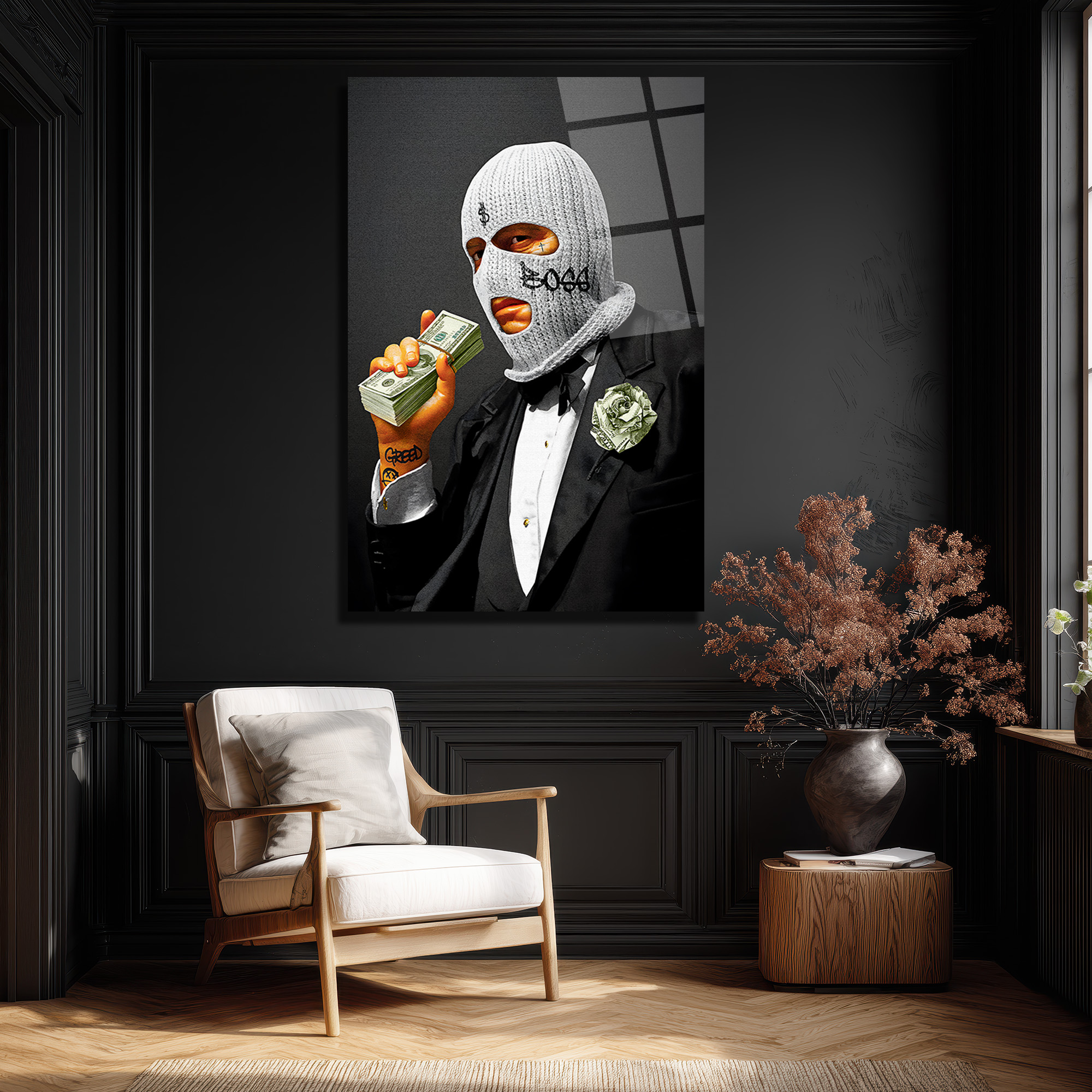 Boss ve Dolar Detaylı Cam Tablo | Modern Sanat Duvar Dekoru Duvar Dekoru Boss ve Dolar Detaylı Cam Tablo | Modern Sanat Duvar Dekoru
